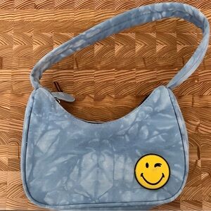 Ardene Light Blue Tie-Dye Shoulder Bag with Winking Smiley Patch